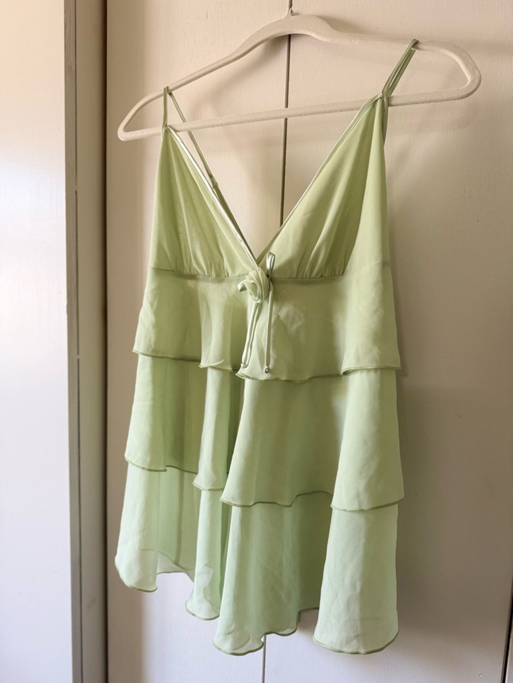 Y2K fairycore Tiered Ruffle V-Neck Babydoll Cami Top - Light sage Green L - Picture 12 of 16